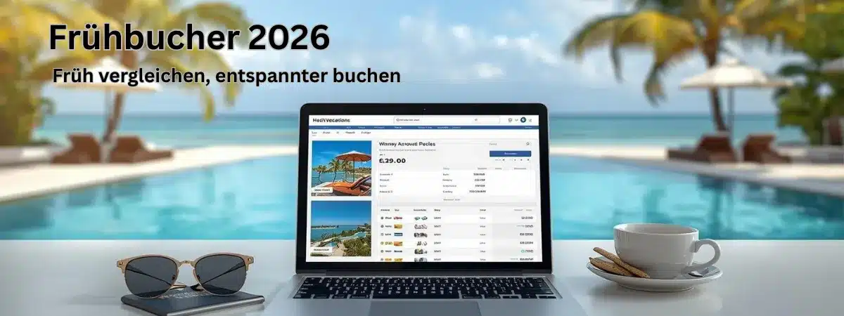 Frühbucher 2026 Hero-Bild für Reise-Geier Hero-Bild zu Frühbucher 2026 mit Reiseplanung, Laptop und sommerlichem Resort im Hintergrund