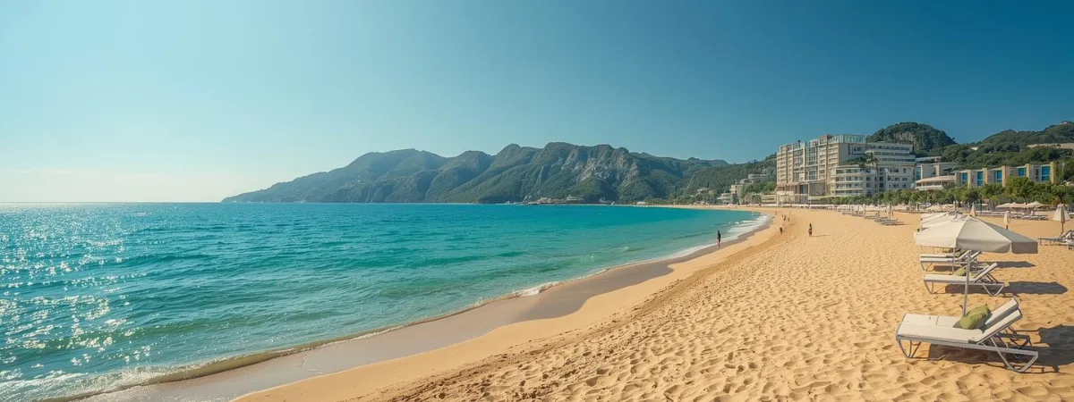 Reise-Geier Hero Bild mit Strand, Hotel und günstigen Urlaubsdeals