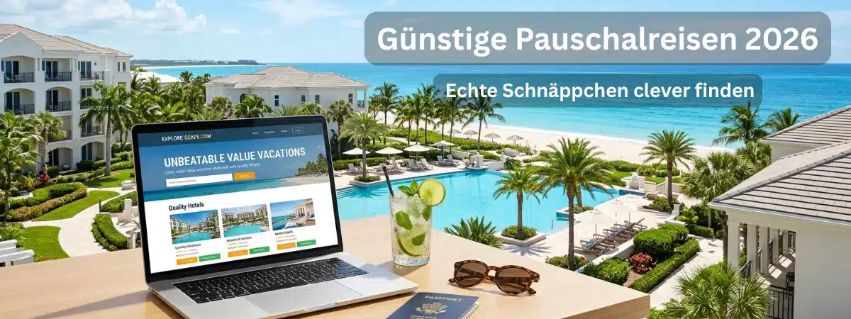 Hero-Bild zu günstigen Pauschalreisen 2026 mit Reisebuchung und sommerlicher Hotelanlage
