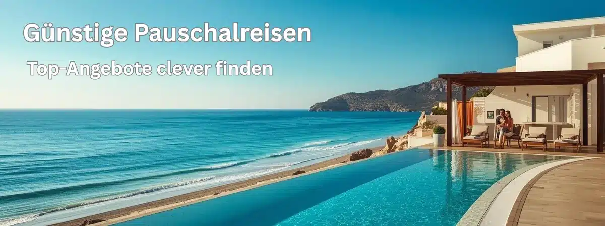 Günstige Pauschalreisen Hero-Bild Hero-Bild für günstige Pauschalreisen mit Strand, Meer und Hotel in sonniger Urlaubsszene