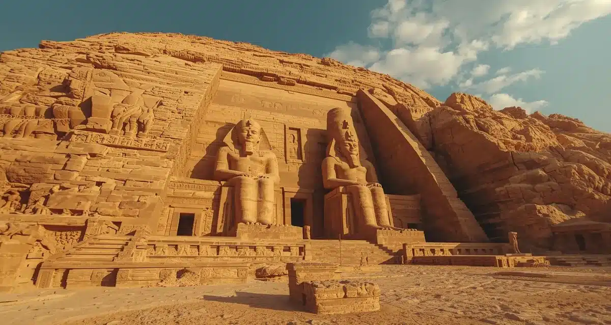 Nefertari-Tempel in Abu Simbel realistisch dargestellt Realistische Außenansicht des Nefertari-Tempels in Abu Simbel mit Figuren von Ramses II. und Nefertari