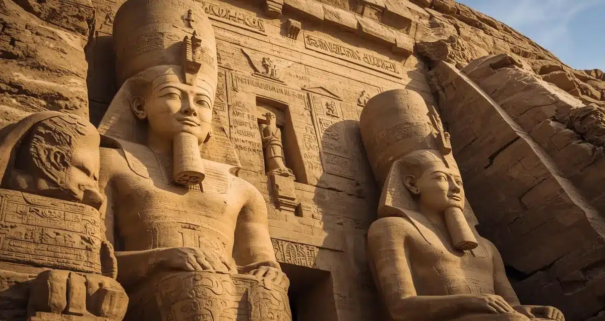 Detailansicht des Nefertari-Tempels in Abu Simbel Realistische Detailansicht des Nefertari-Tempels in Abu Simbel mit Reliefs und Figuren