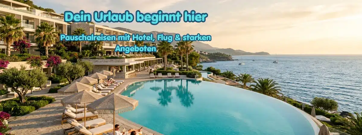 Pauschalreisen Hero-Bild mit Resort, Pool und Meerblick Luxuriöses Hero-Bild für Pauschalreisen mit Hotel, Pool, Palmen und Meerblick