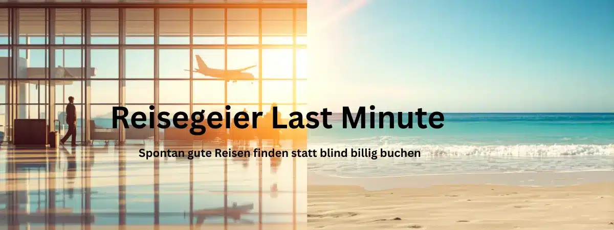 Reisegeier Last Minute mit spontaner Pauschalreise, Flughafen-Szene und sonnigem Urlaubsziel