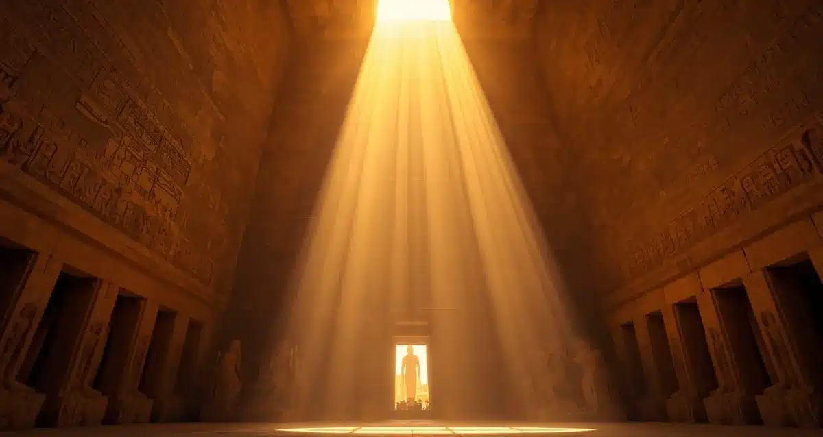 Das Sonnenwunder im Tempel von Abu Simbel Sonnenwunder im Haupttempel von Abu Simbel mit Lichtstrahlen im Heiligtum