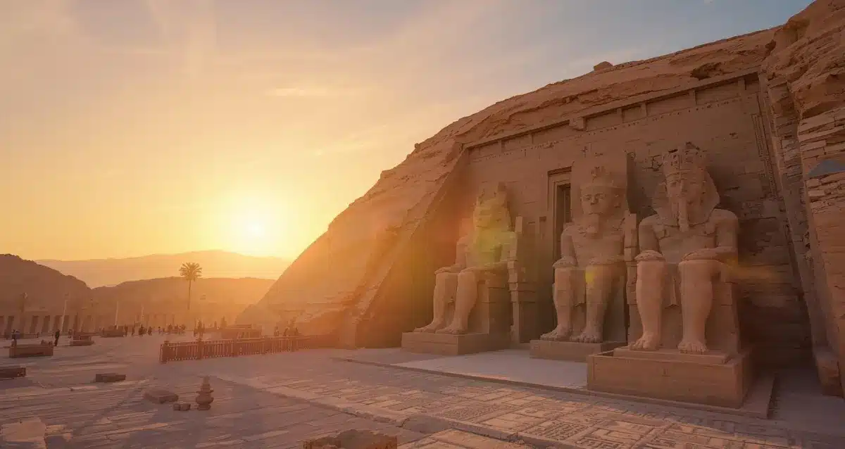 Abu Simbel beim Sonnenwunder am Morgen Abu Simbel am frühen Morgen während des Sonnenwunders in Ägypten