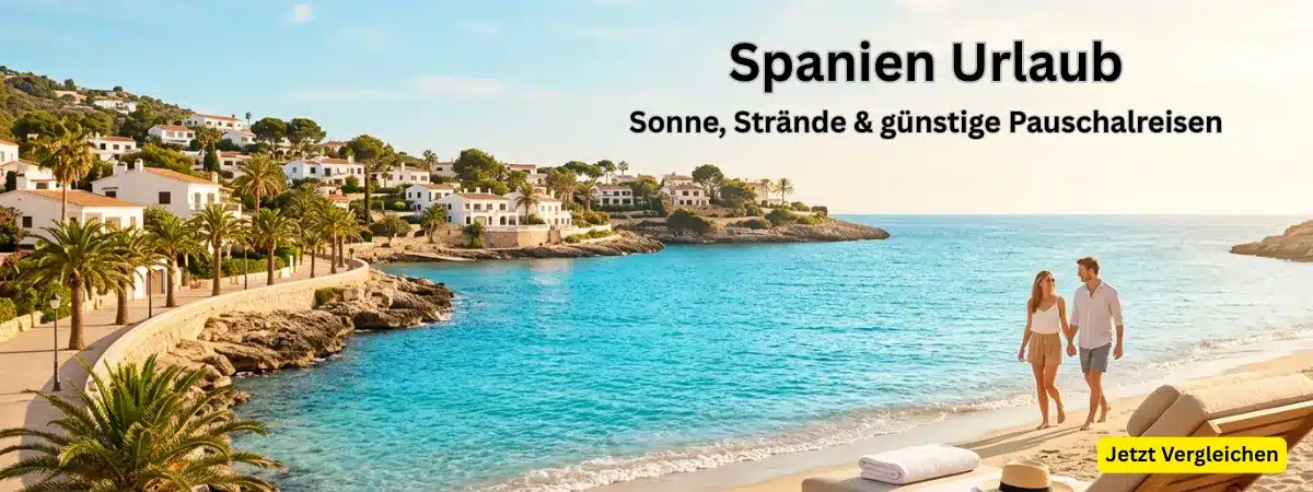 Sonniger Strand in Spanien mit türkisblauem Meer und mediterraner Urlaubskulisse