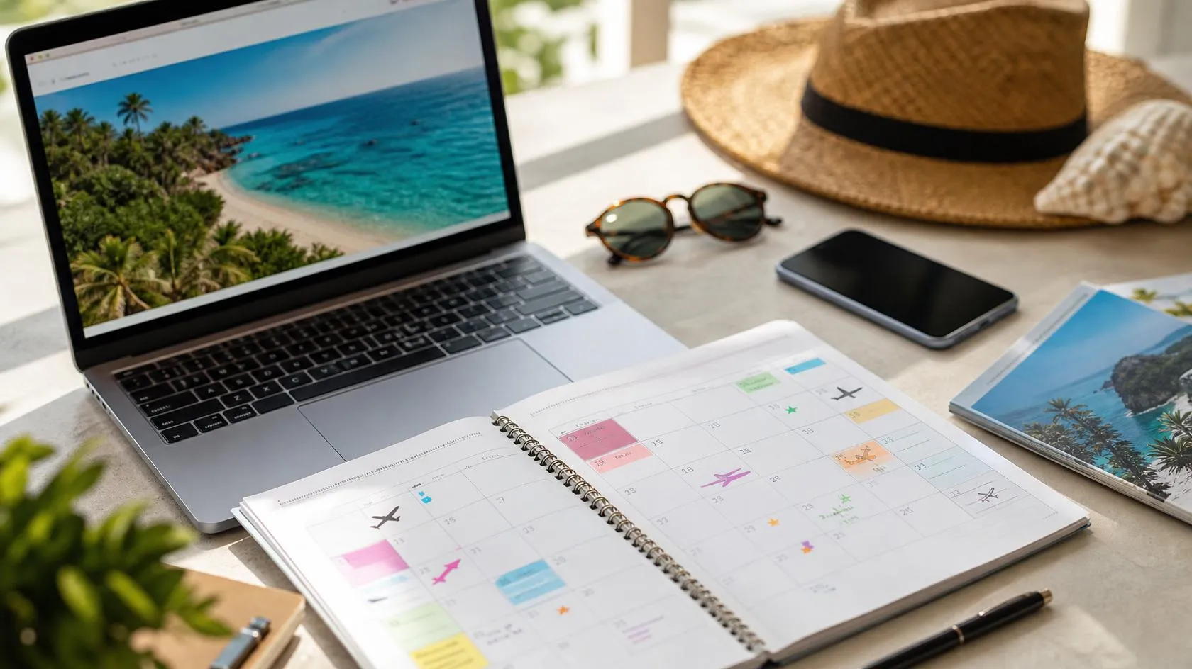 Urlaubsplanung mit Kalender, Laptop und Strandbild