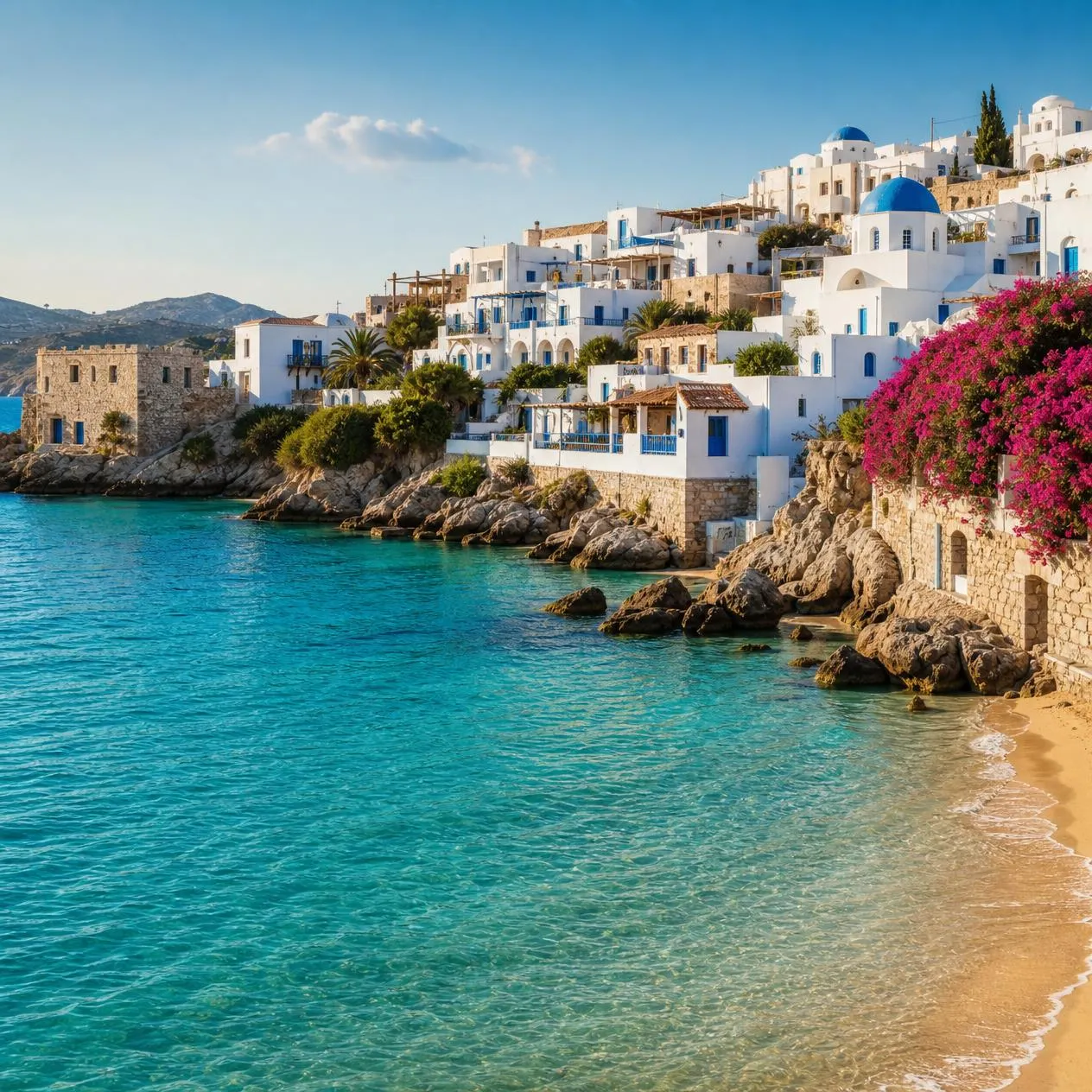 Griechische Küste mit weißen Häusern und blauem Meer