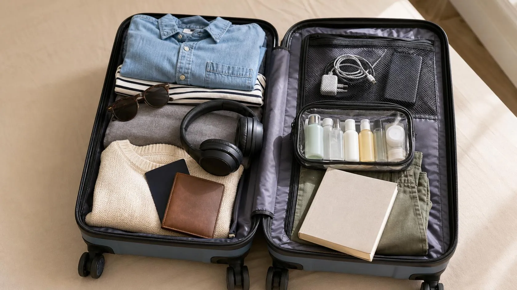 handgepaeck-richtig-packen-packliste Geöffneter Handgepäckkoffer mit Kleidung und Reiseutensilien