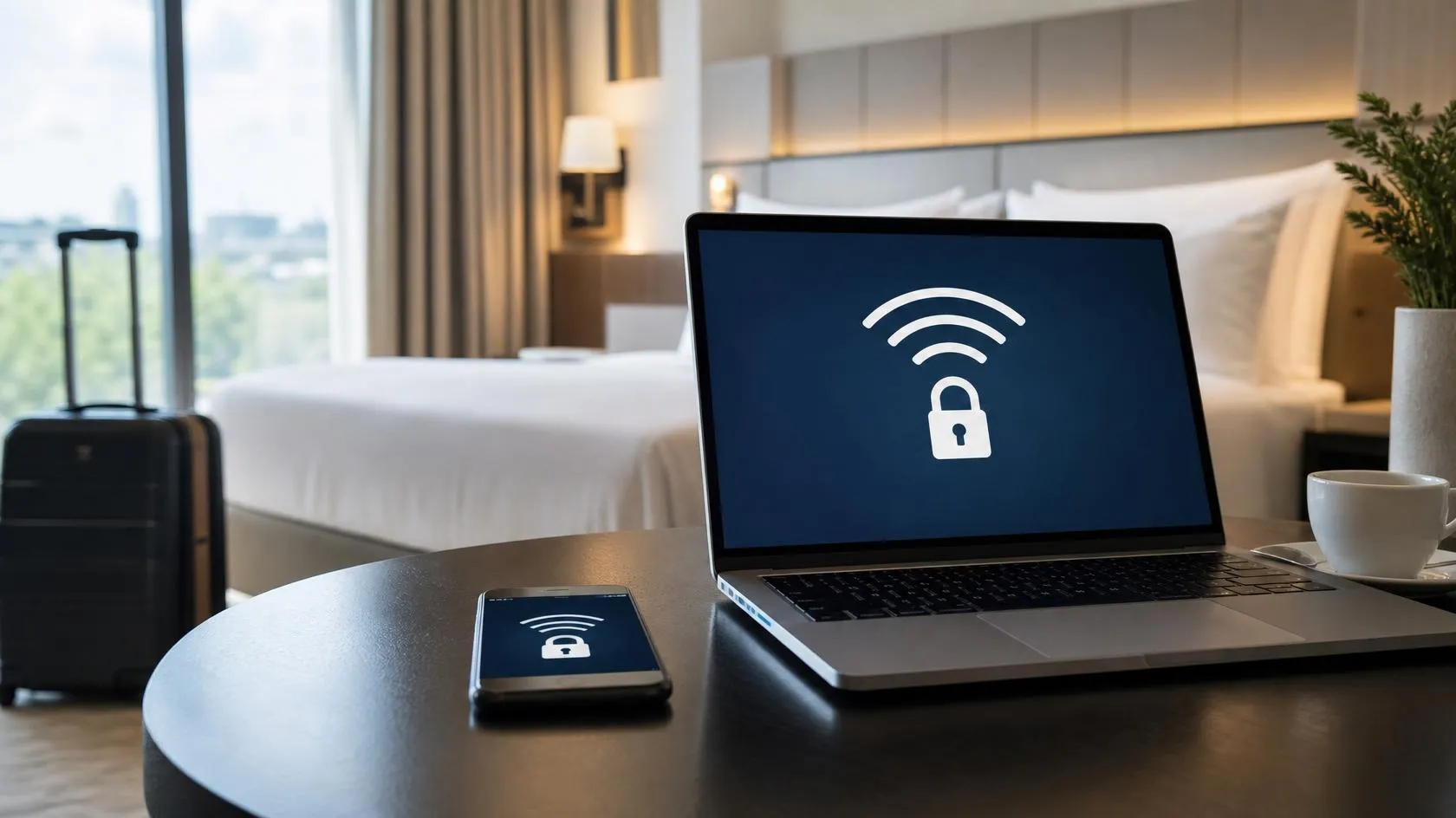 Laptop und Smartphone im Hotel mit sicherer WLAN-Verbindung