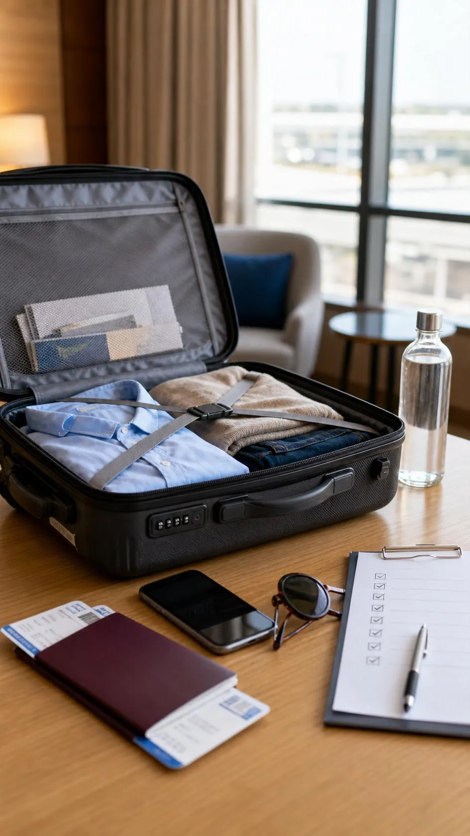 Reiseplanung mit Koffer, Reisepass und Checkliste